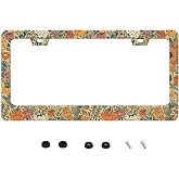 Beautiful Floral Print License Plate Frame Vintage Flower License Holder | Stainless Steel With Screws Fits Us Standard Auto Parts Decoration Rustproof Rattle-Proof Weather Resistant Easy Installation
