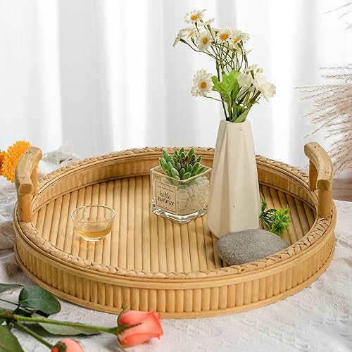 Joybuty Large Round Bamboo Decorative Tray with Woven Seagrass, 16