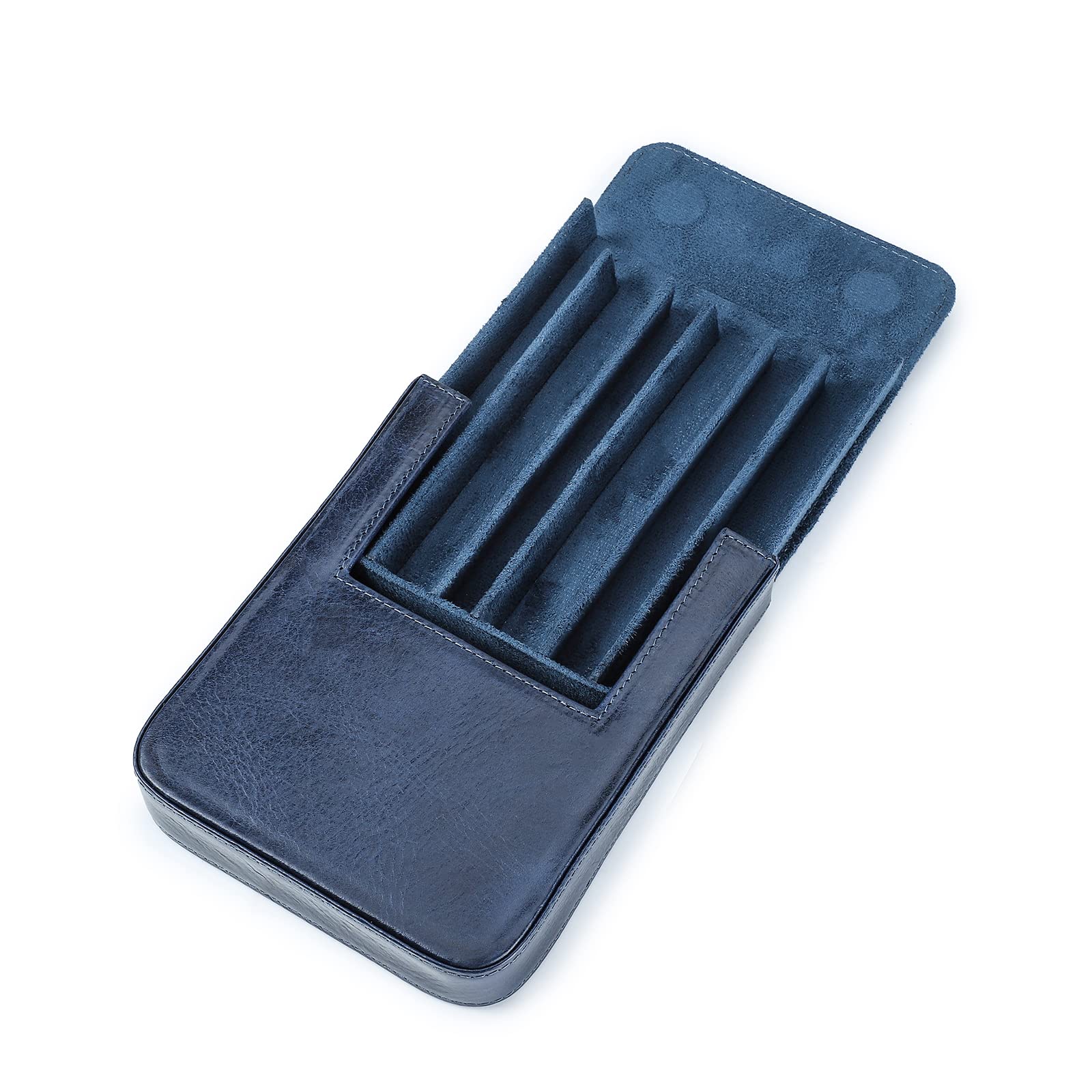 Hiram Leather Pen Case for 6 Pens Portable Vegetable Tanned Leather Made Pen Storage Box with Hidden Magnetic Snap Closure and Pen Tray Drawer Holder Design (Blue)