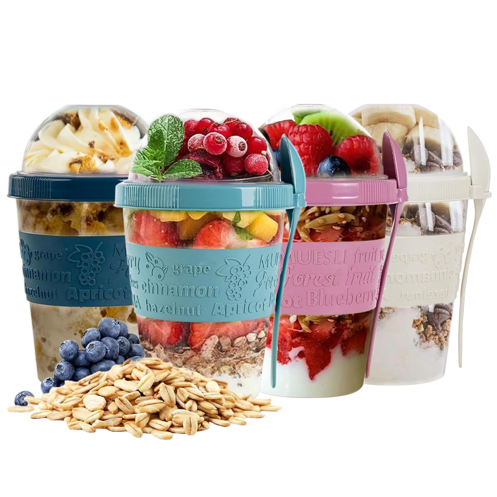 SAFRI 600ml Over Night Oats Container Reusable Yogurt Cups 100% BPA Free Breakfast On The Go Cereal Yogurt Pot with Lids and Spoon (Set 4)