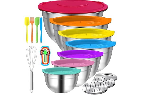 Menbyci 7 Piece Mixing Bowls with Airtight Lids, Stainless Steel Nesting Bowls with 14PCS Attachments, 3 Graters, Kitchen Ute