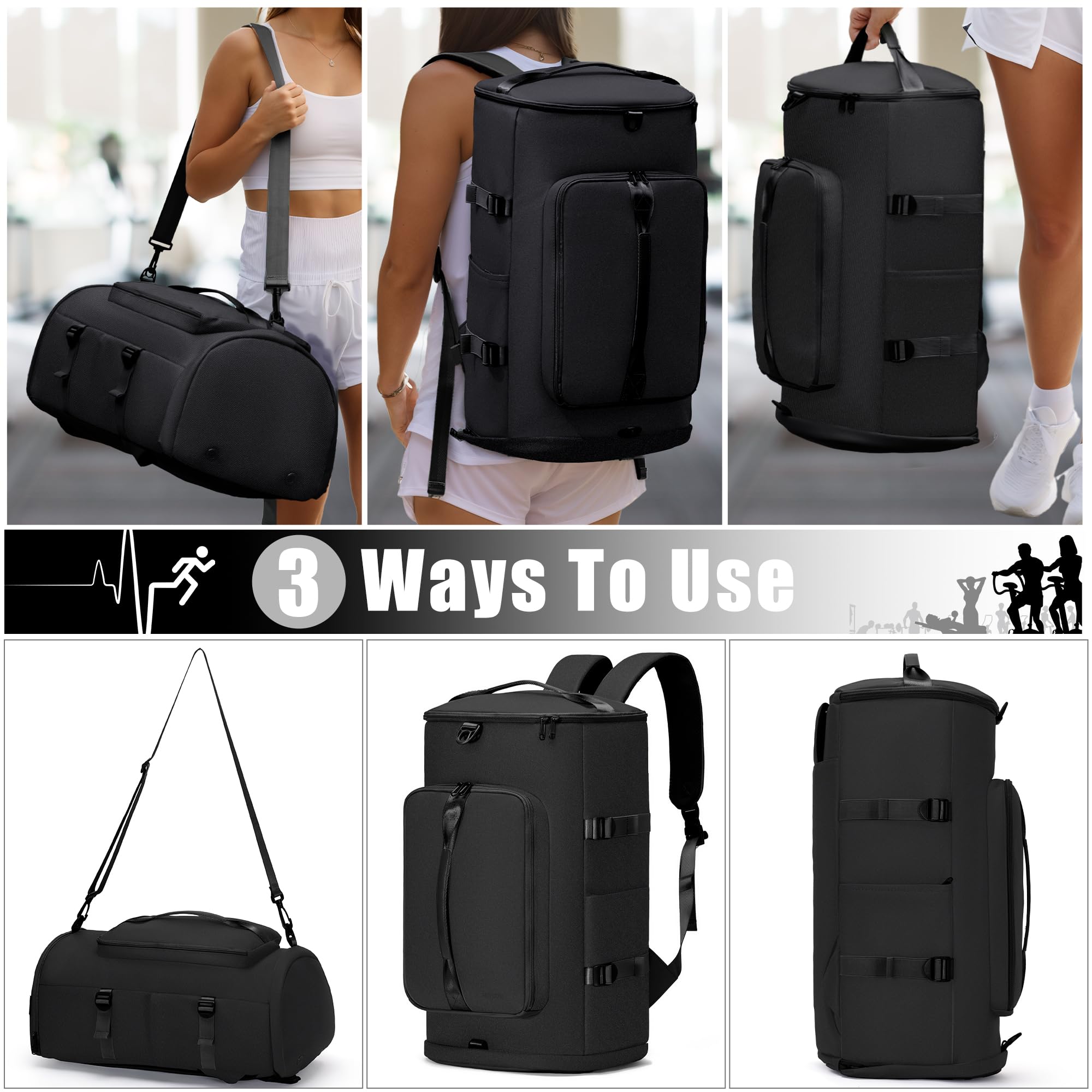 MIYCOO Gym Bag for Men Women with Shoes Compartment - Duffle Bag, Travel Backpack, Sports Backpack, Weekender Overnight Bag with Wet Pocket - Black, MIYCOO