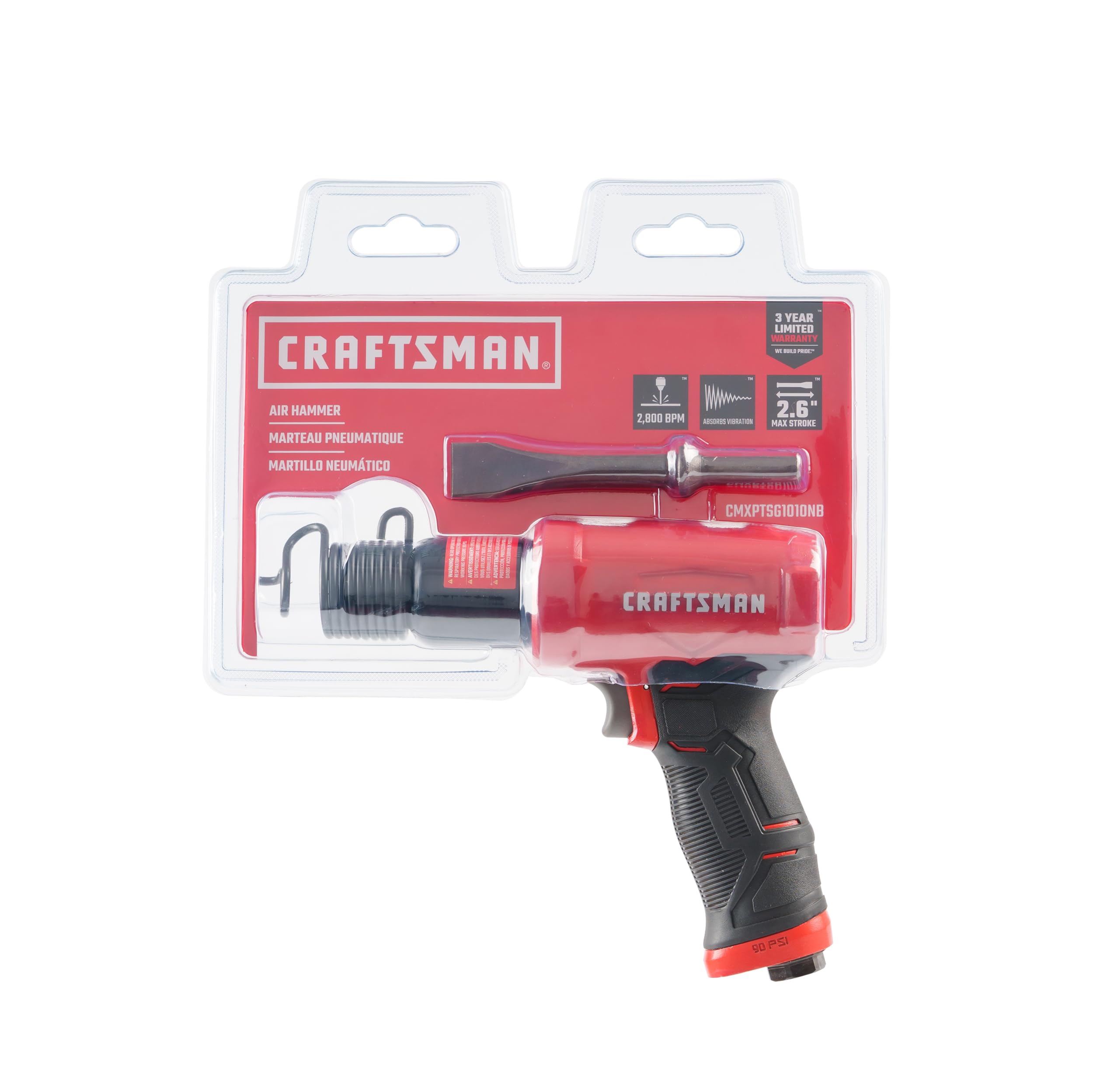 CRAFTSMAN Air Hammer, Medium Stroke, 2,800 BPM, Anti-Slip Handle, 4.4 SCFM at 90 PSI, Flat-Blade Chisel Included