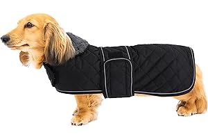 Geyecete Warm Thermal Quilted Dachshund Coat, Dog Winter Coat with Warm Fleece Lining, Outdoor Dog Apparel with Adjustable Bands for Medium, Large Dog-Black-S