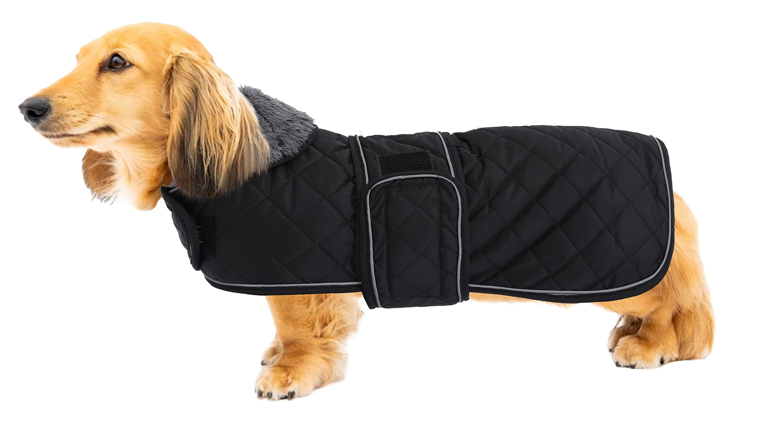 Photo 1 of Geyecete Warm Thermal Quilted Dachshund Coat, Dog Winter Coat with Warm Fleece Lining, Outdoor Dog Apparel with Adjustable Bands for Medium, Large Dog-Black-S