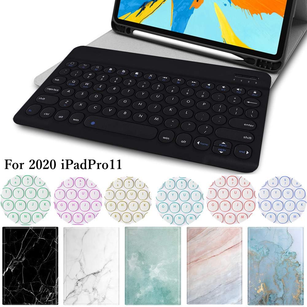 Marble Keyboard Case for New iPad Pro 11 inch 2020 & 2018, 7 Colors Backlit Round keycap Detachable Keyboard with Pencil Holder Folio Slim Cover for iPad Pro 11" (iPadPro11, White+Black Keyboard)