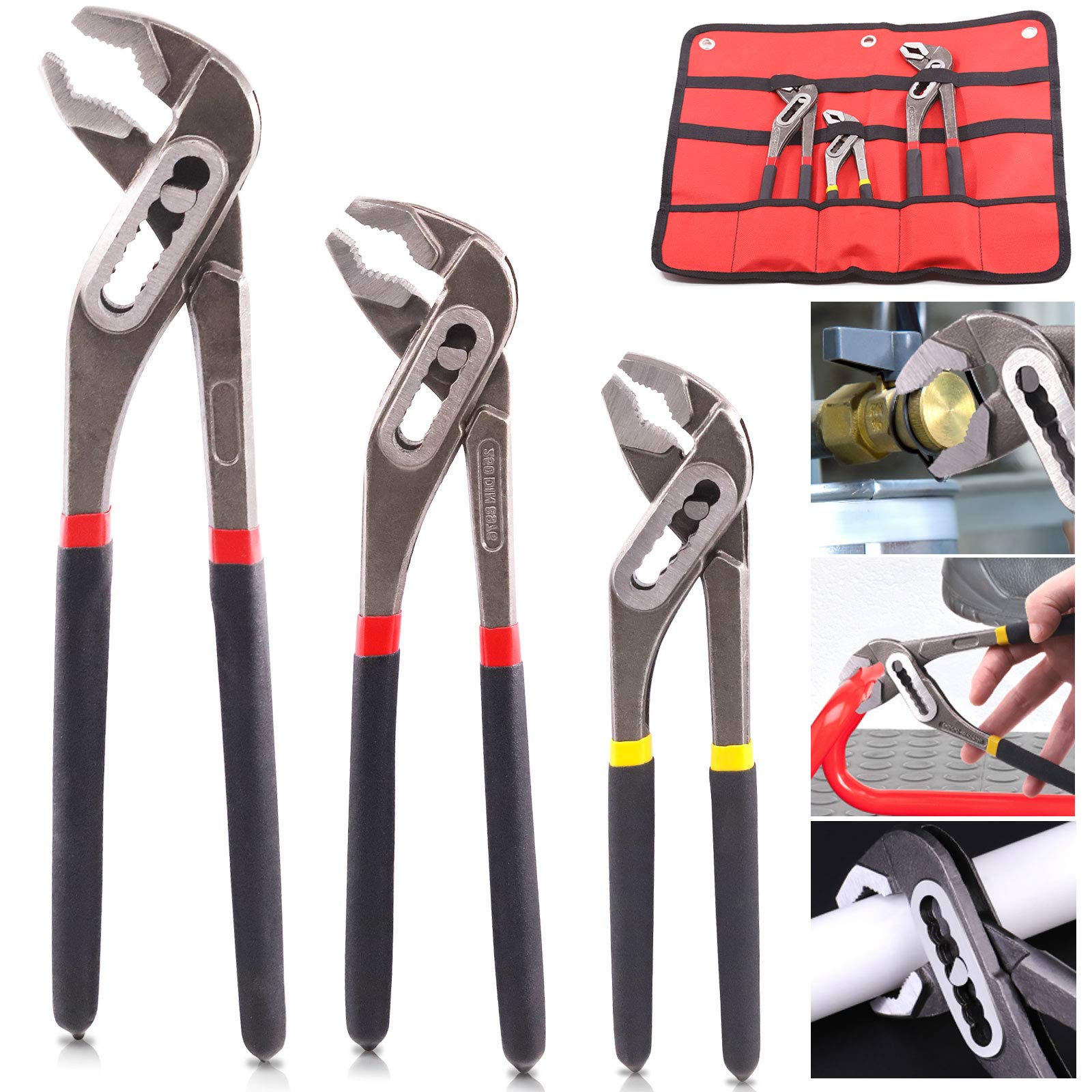 Keadic 3Pcs Water Pump Pliers,Wide Jaw Capacity,Tongue and Groove Joint Pliers, Fine Adjustment by Button Push,Quick Change Adjustable Plumbing Grips and Slip Joint Plier Set(8/10/12In Groove Plier)