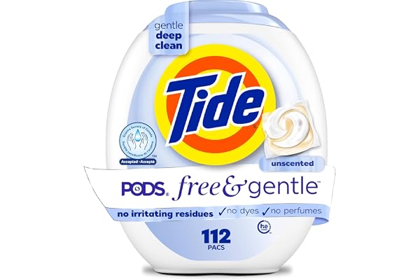 Tide Pods Free & Gentle Laundry Detergent Soap, Unscented, Hypoallergenic, Dermatologist Recommended for Sensitive Skin, Dete
