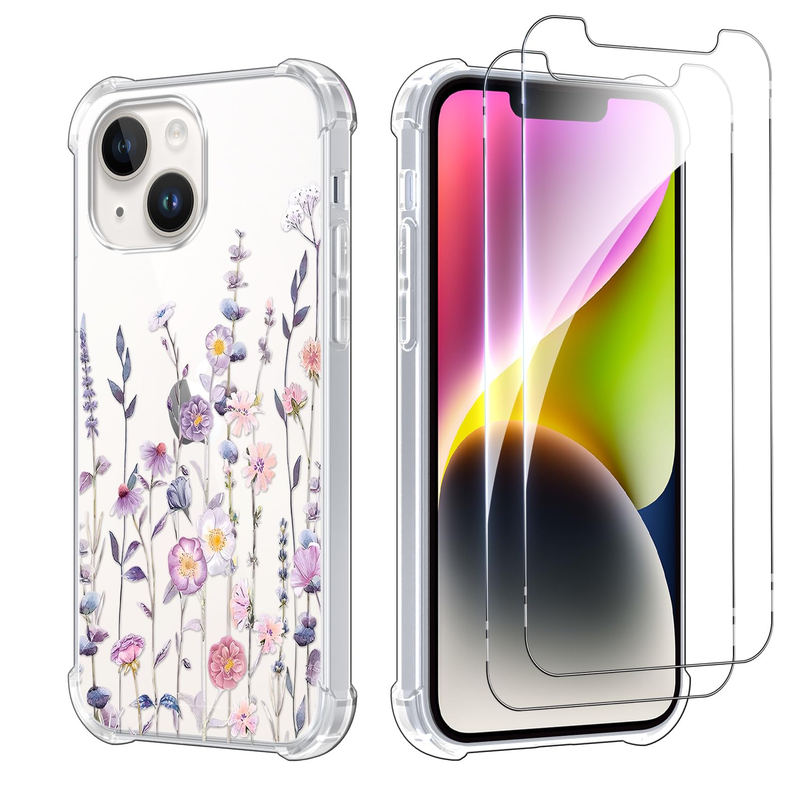 lioscre Floral Flower Phone Case for iPhone 13 / iPhone 14 6.1" Case with 2 Pack Tempered Screen Protector, Cute Pattern Design Funda Shockproof TPU Soft Clear Phone Cover for Women Girls, Colorful