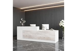 Huariifowm Modern L-Shaped Reception Desk with Hutch, Reception Counter Table, Lockable Drawer Door Cabinet, Office Wooden Computer Front Desk (Oak+Warm White-Left Cabinet, 110L*24" W*41" H)