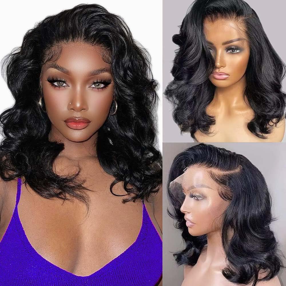 Photo 1 of STOGEDEST Body Wave Lace Front Wigs Human Hair Glueless Short Wavy Bob Wigs Human Hair Pre Plucked With Baby Hair 13x4 Loose Wave Wigs For Women Human Natural Color 180% Density
