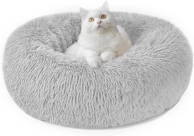Nepfaivy Calming Donut Dog Cat Bed 19.7in Grey Non-Slip Washable M-50CM