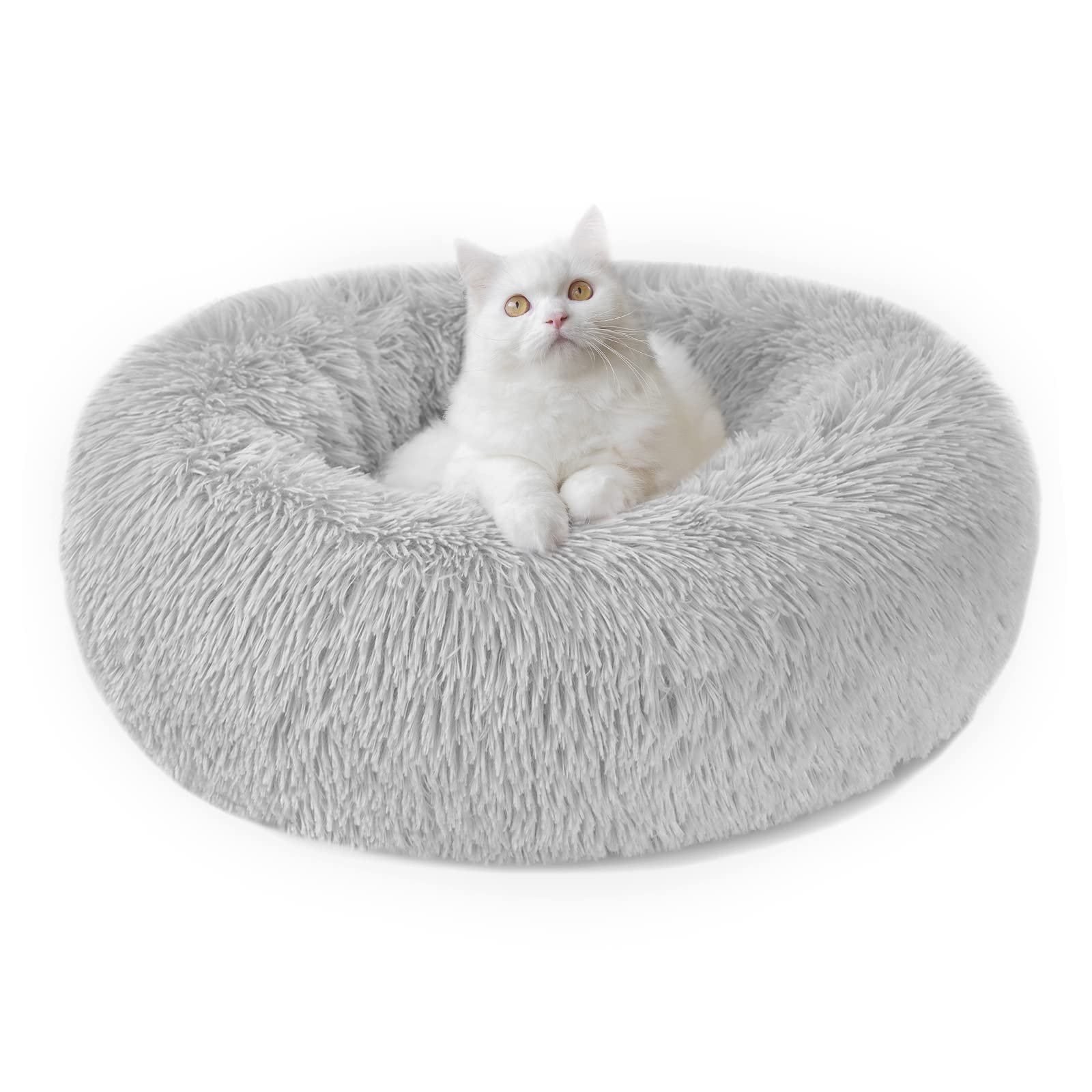 Nepfaivy Calming Dog Cat Donut Bed - 19.7in Fluffy Plush Puppy Kitten Cuddler Round Bed, Warm and Soft Pet Cosy Anti Anxiety Beds with Non-Slip Bottom and Washable (M-50CM, Grey)