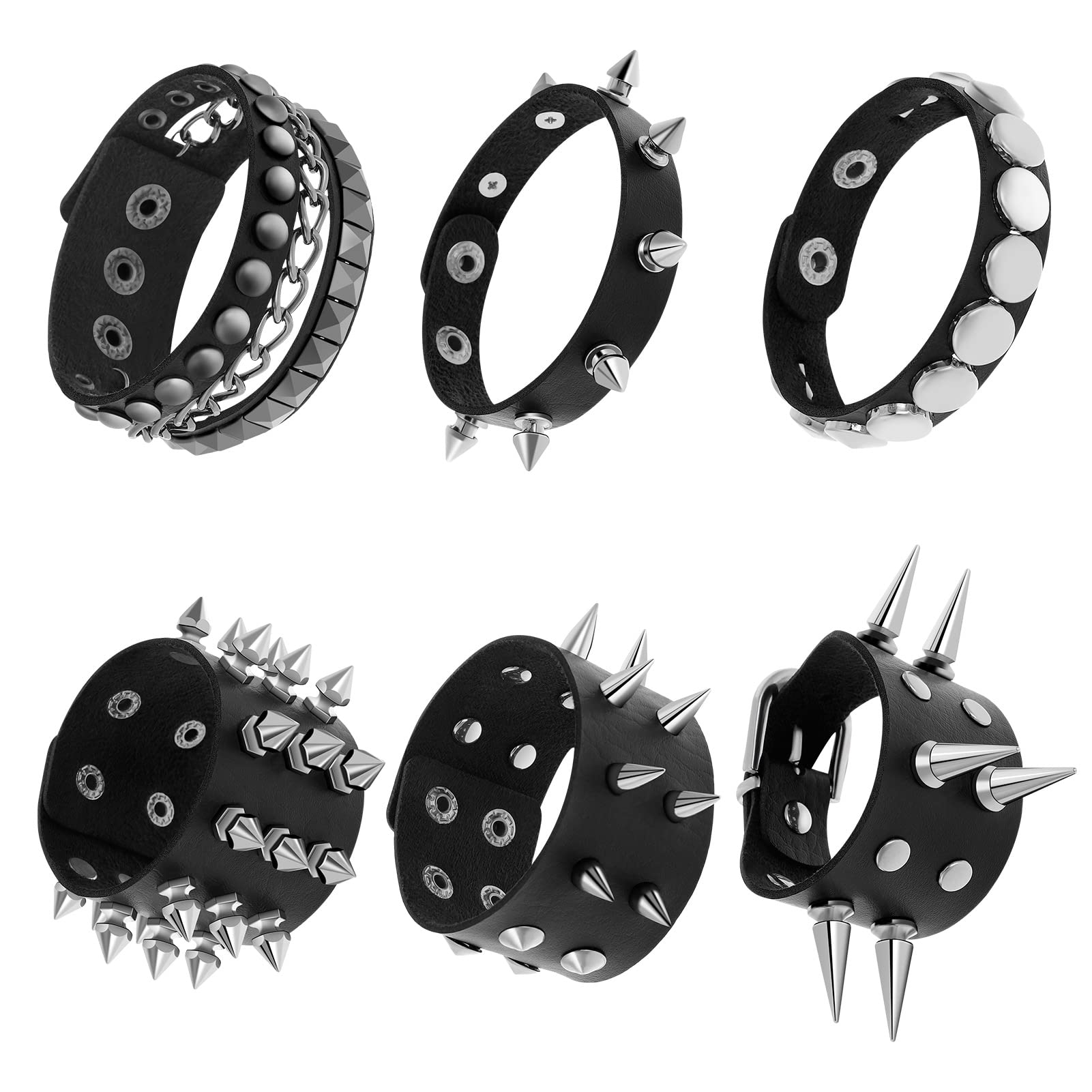 6 Pcs Unisex Black Metal Spike Studded Punk Bracelet Leather Rivets Bracelet Cuff for Mens Womens Rock Vintage Gothic Style Adult