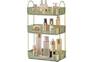 Shuang Qing Bathroom Counter Organizer - Countertop Storage, Cosmetics & Skincare Shelf, Makeup & Perfume Organizer, Spice Rack for Kitchen (3 Tier - Green)
