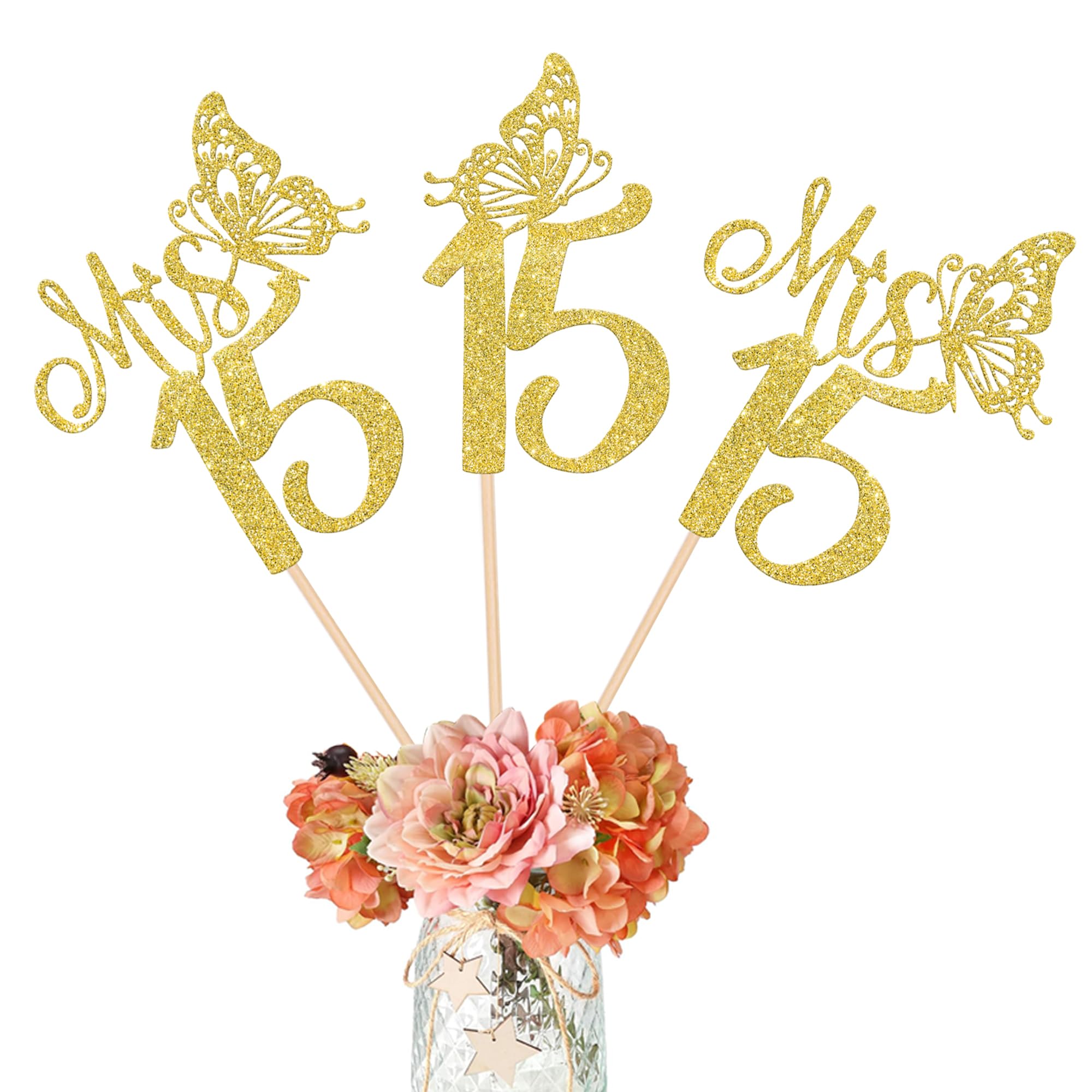 Photo 1 of 12 Pack Mis 15 Centerpiece Sticks, Happy 15th Birthday Party Decorations, Double Sided Gold Glitter Hello 15 Fabulous Table Toppers, Cheers to 15 Years Old Birthday Anniversary Party Decotations