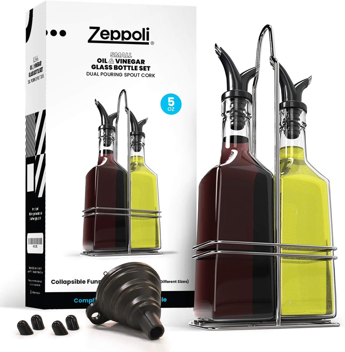 Zeppoli Oil and Vinegar Bottle Set 5oz [2-Pack] - Comes with Stainless Steel Rack, Removable Cork, Funnel, and Spout Caps - Dual Cork Spout - Glass Olive Oil Dispenser Set: Kitchen & Dining