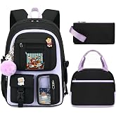 LXYGD Laptop Backpacks 16 Inch School Bag College Backpack 3 PCS with Lunch Box Pencil Pouch Set Large Travel Daypack Kawaii Bookbags for Teens Girls Women Students (Black Purple)