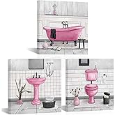 HOMEOART Bathroom Wall Art Bath Tub Painting Picture Bathroom Wall Decor Framed Ready to Hang 12x12inchx3 Pink