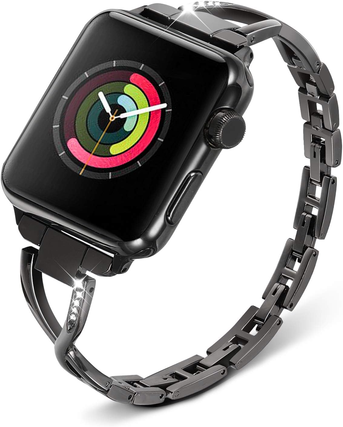 Dmorr Compatible with Apple Watch 44mm 42mm Band Women, Metal Stainless Steel Watchband Diamond Jewelry Strap Feminine Bracelet for iWatch Apple Watch Series 5 4 3 2 1 All Models, Black