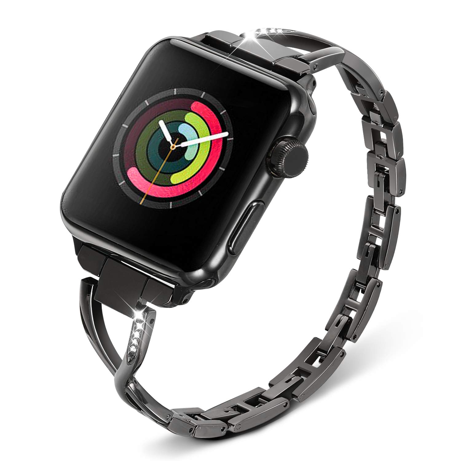 Dmorr Compatible with Apple Watch 44mm 42mm Band Women, Metal Stainless Steel Watchband Diamond Jewelry Strap Feminine Bracelet for iWatch Apple Watch Series 5 4 3 2 1 All Models, Black