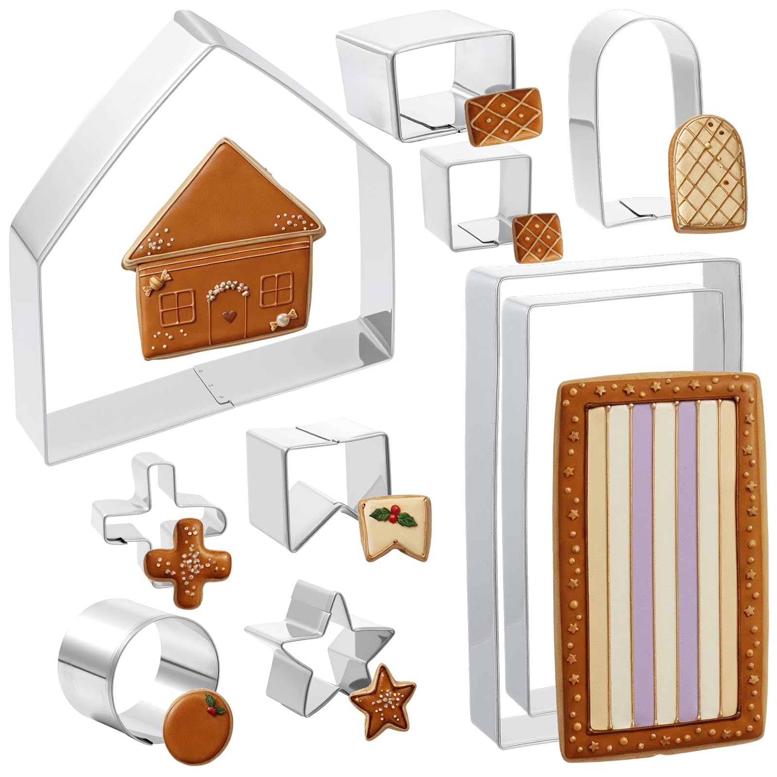 Photo 1 of 10 Piece Gingerbread House Cookie Cutter Set, 3D House Cookie Cutters, Includes Wall, Door, Window, Roof, Chimney, Star Decor Cutters Christmas DIY Baking Decorations and Family Fun