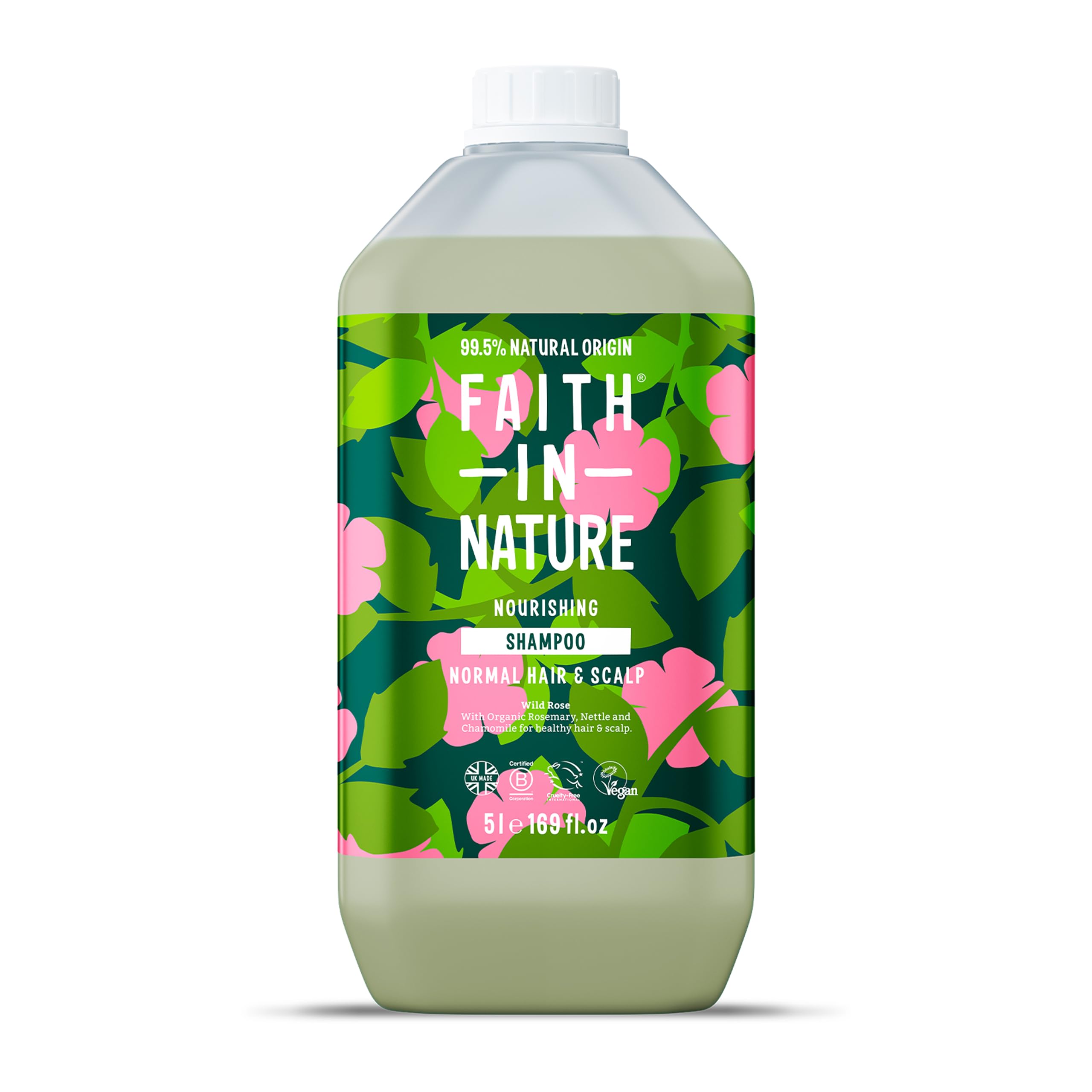 Faith In Nature Natural Wild Rose Shampoo, Nourishing for Normal Hair & Scalp, Vegan & Cruelty Free, No SLS, Silicones or Parabens, 5L Refill Pack