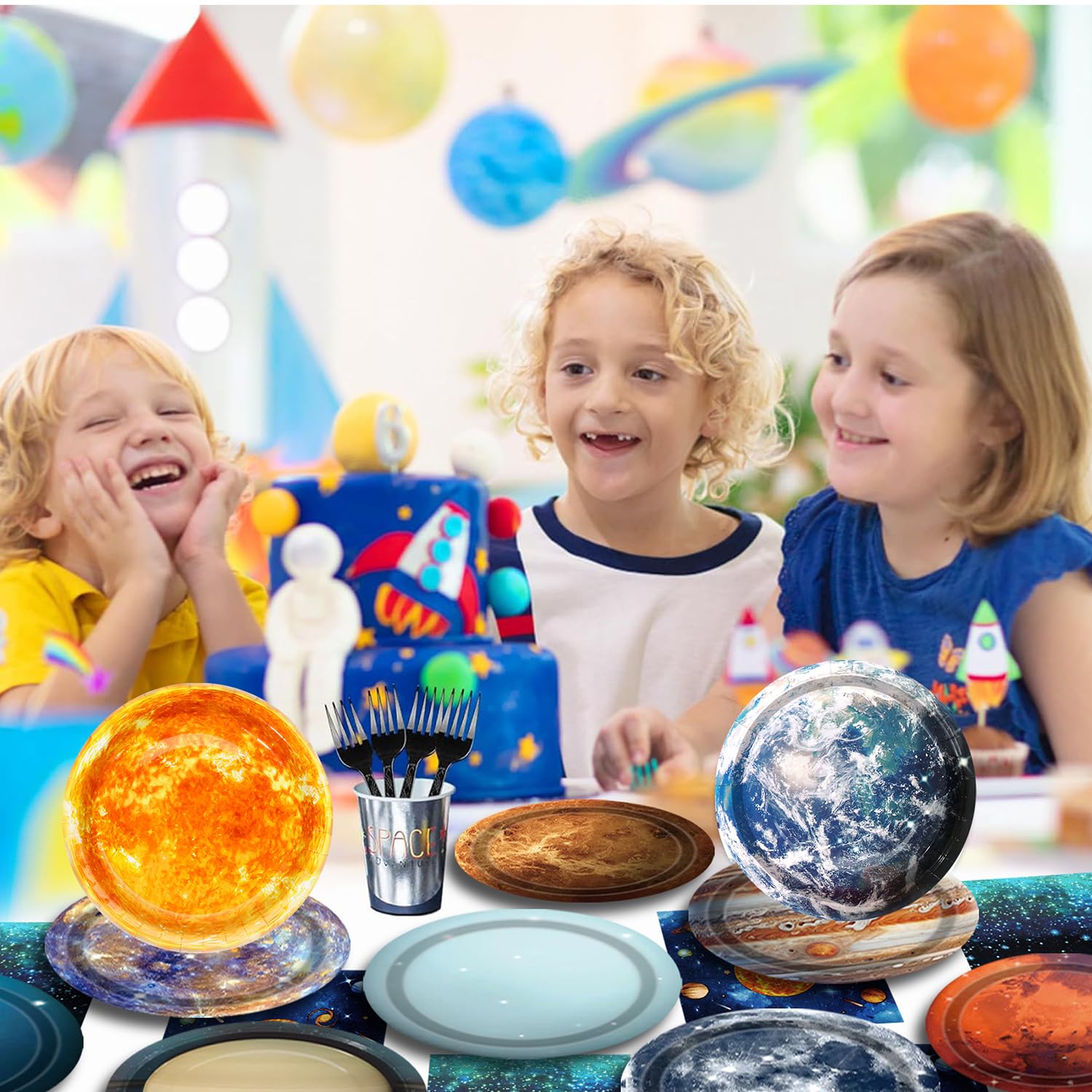 Space Theme Party Decorations 100Pcs Galaxy Planet Outer Space Disposable Plates and Napkins for Kids Space Solar System Planets Baby Shower Birthday Party Decorations, 9inch