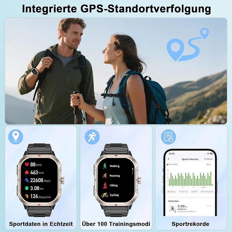 Smartwatch Herren mit GPS,2.06" HD Smart Watch mit Telefonfunktion