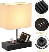 Briever USB Bedside Table Lamp with 3 USB Ports Black Wood Base view 2