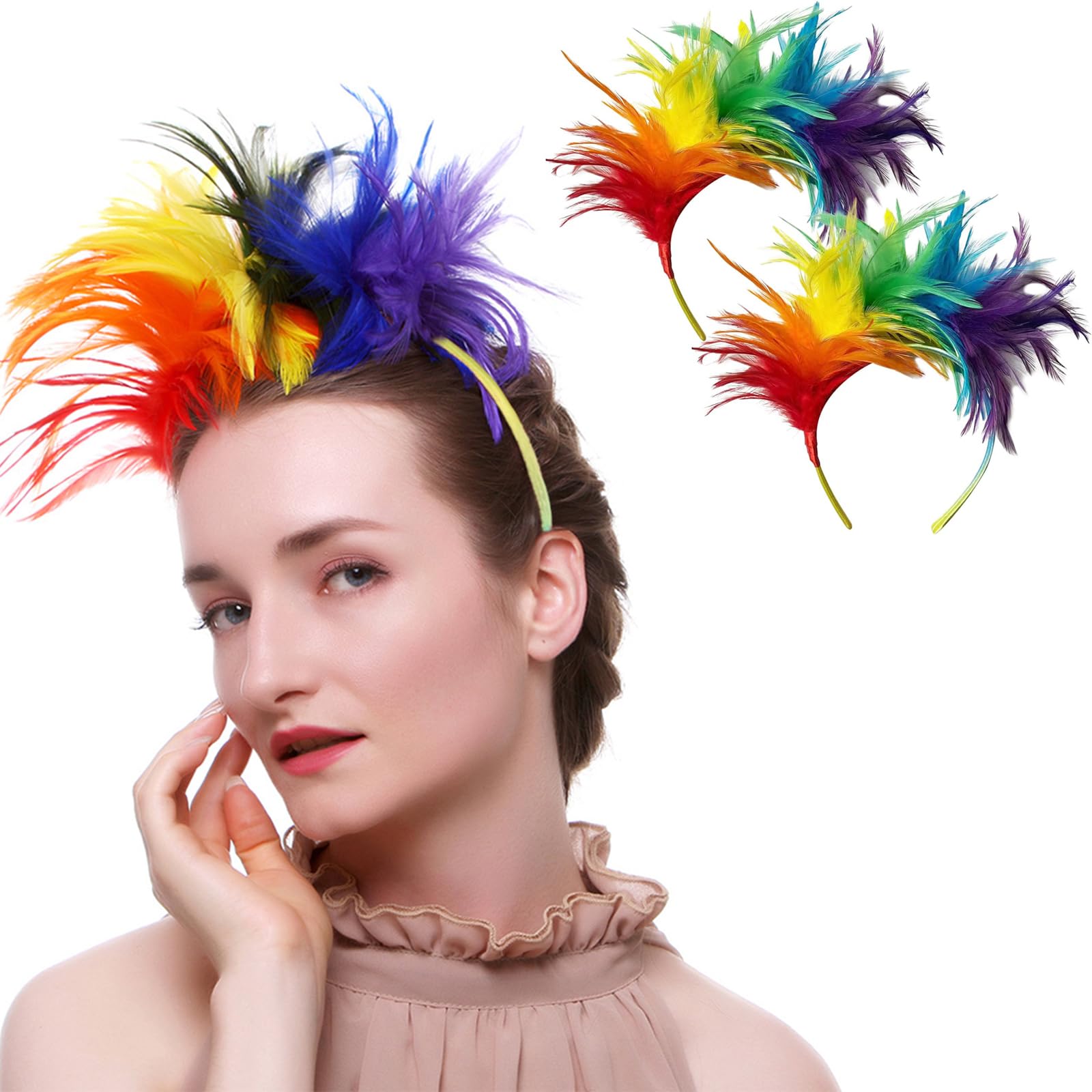 2Pack Feather Headband Rainbow Feather Headpieces Gay Pride Accessories Cosplay Headband Carnival Headress Party Headbands Feather Fascinator Headband Wedding Halloween Hair Accessories for Women Girl