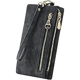 Aslana Soft Leather Long Wallet Wristlet with hand Strap Clutch Bag for Women Card holder Phone Bag (Black)
