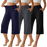 Neer 3 Pack Women Capri Pants, Wide Leg High Waist Crop Lounge Sweatpants Summer Casual Workout Pants with Pocket