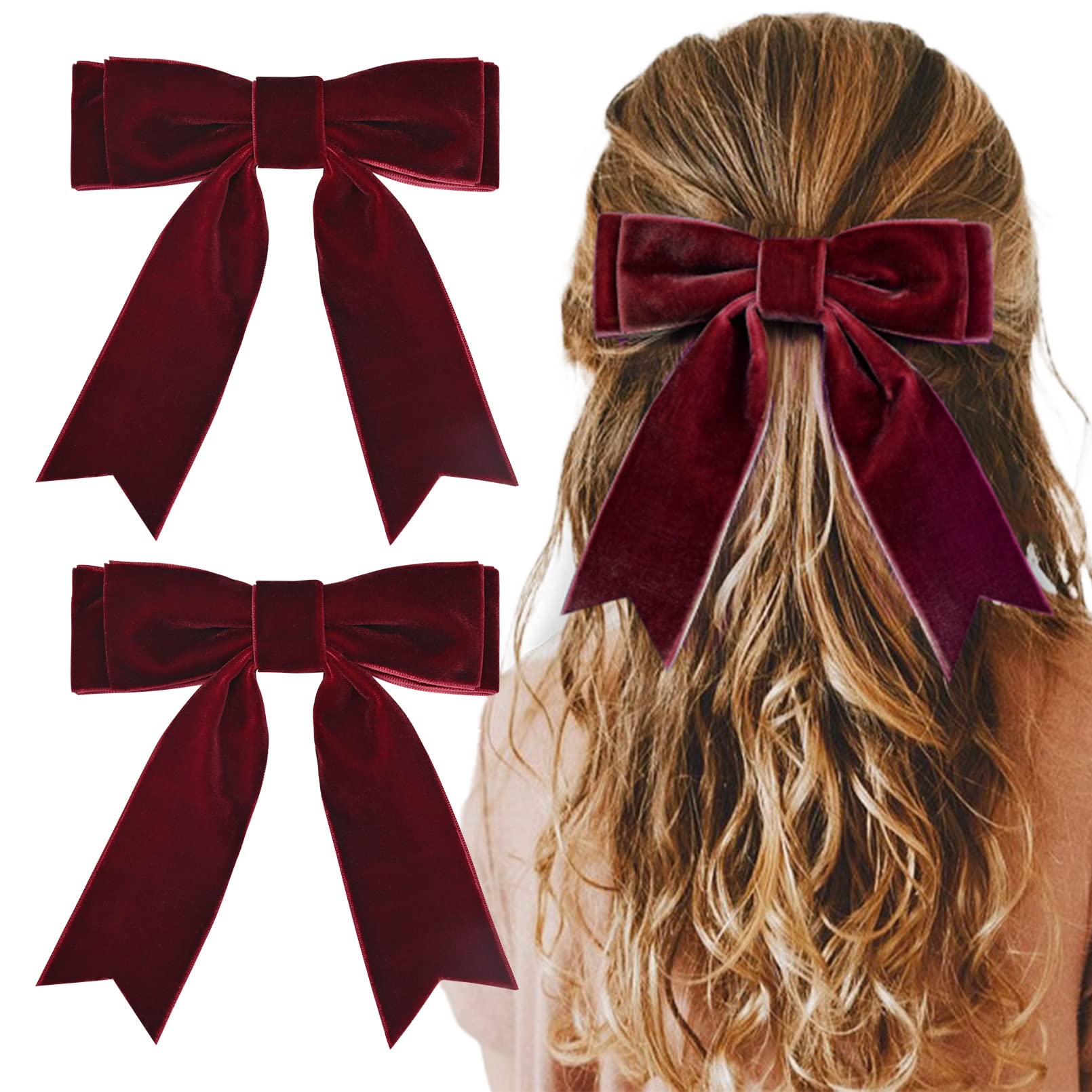 Photo 1 of 2PCS 5" Velvet Red Wine Hair Bows Girls Hair Clips Ponytail Holder Accessories for Women Girls Toddlers