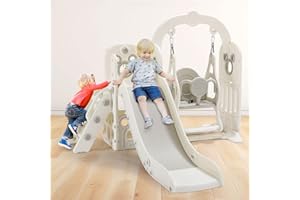 MAMIZO 6 in 1 Toddlers Slide and Swing Set, Kids Slides w/Climber, Storage, Basketball Hoop, Ball, Suction Cup Reinforced, Indoor Outdoor Playground Swing Slide Set (White)
