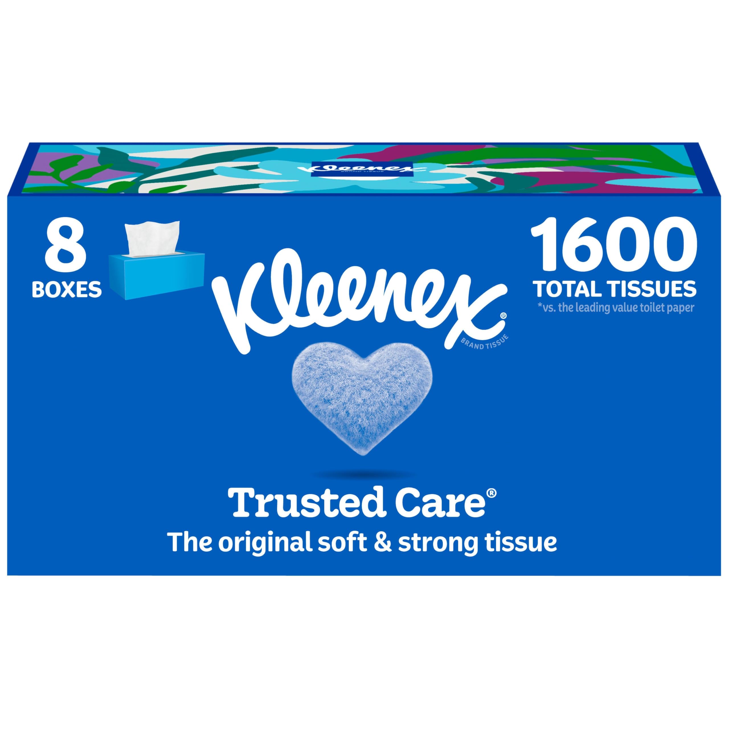 Kleenex Trusted Care Facial Tissues, 8 Flat Boxes, 200 Tissues per Box