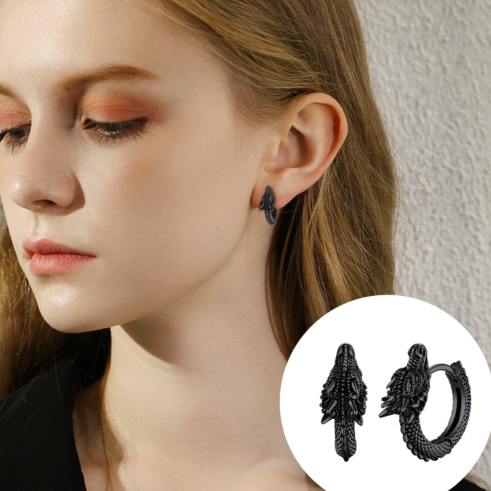U7 Dragon Earrings Stainless Steel/18K Gold/Black/S925 Sterling Silver Hoop Earrings for Men Women, Personalized Punk Rock Huggie Earrings, Hypoallergenic