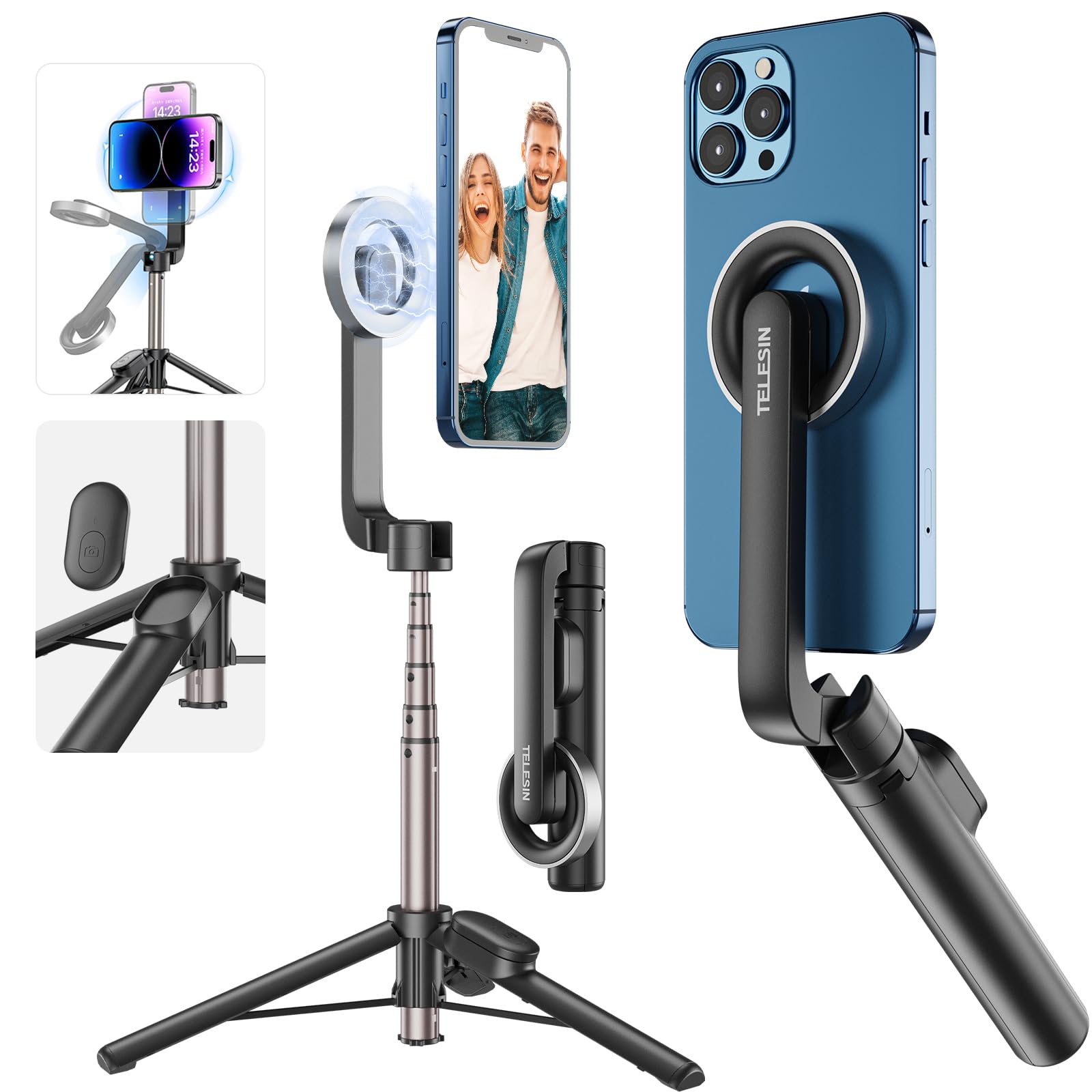 TELESIN Magnetic Selfie Stick Tripod with Bluetooth Remote Control, 27" Extendable Phone Stand Tripod for Magsafe for iPhone 15 14 13 12 Series, All Android Phones with Magnetic Functionality