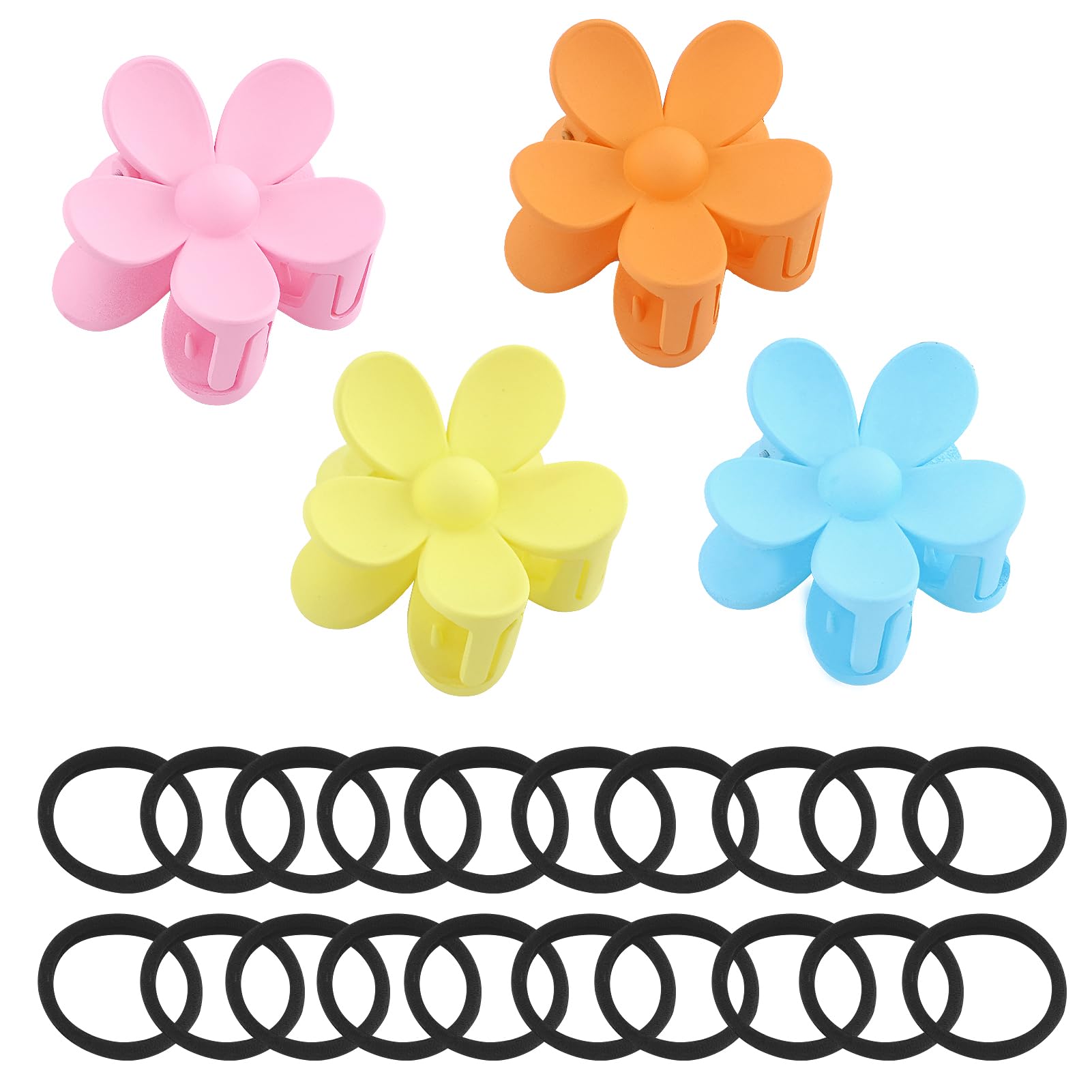 4 Pcs Flower Claw Clips,Flower Hair Clips,Flower Clips,Hair Claw Clips for Women Girls Medium Size Claw Clips With 20 Pcs Hair Ties for Thick/Thin Hair, Lightweight Flower Clips 3 inch Bright Colors