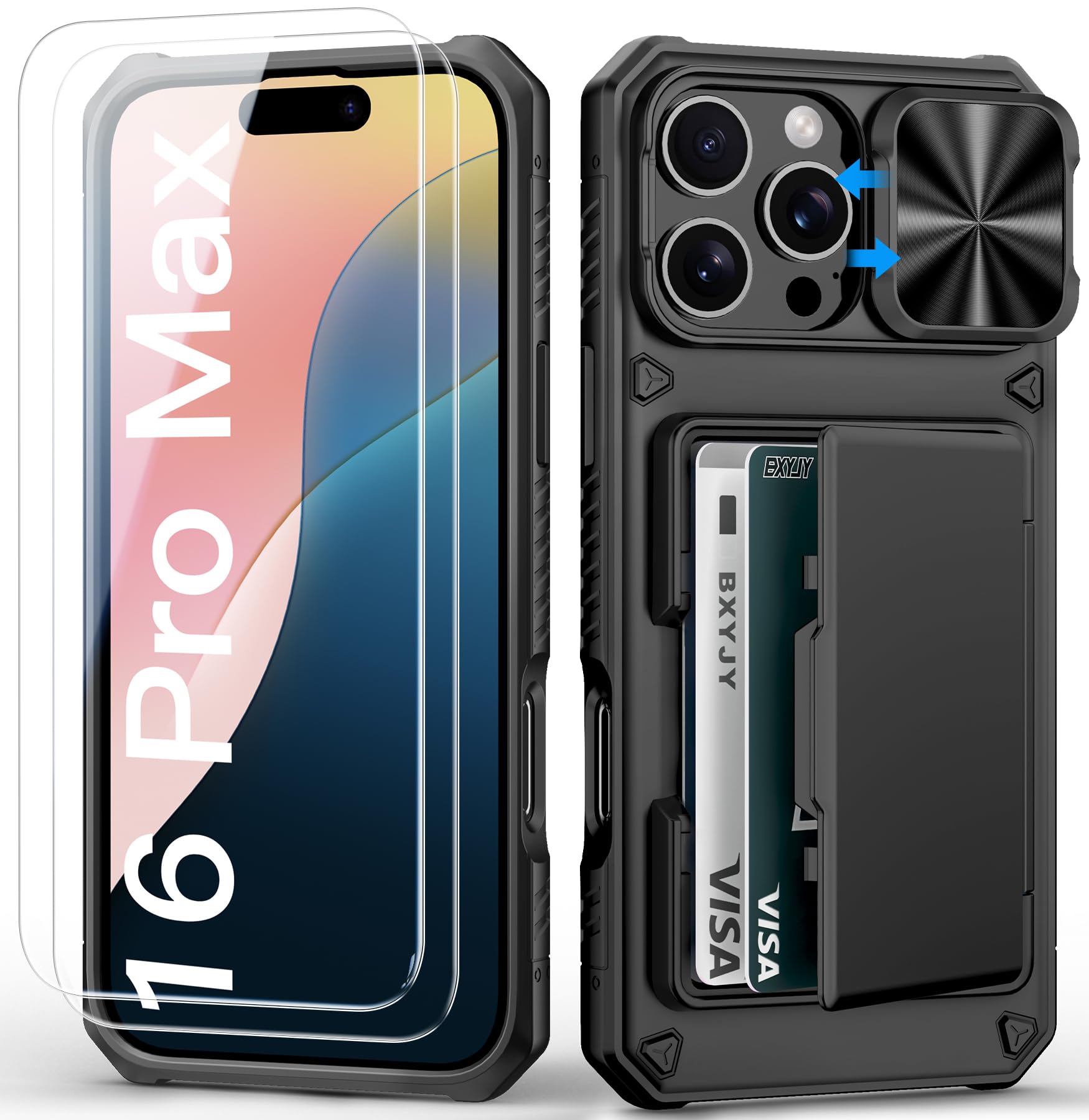 Photo 1 of BXYJY for iPhone 16 Pro Max Case Wallet with Screen Protector (Tempered Glass), Card Holder (4-5 Cards), Slide Camera Cover, Military Grade Drop, Heavy Duty Men Women Case for iPhone 16 Pro Max, Black
