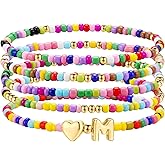 M MOOHAM Valentines Gifts for Kids - 5PCS Colorful Beaded Initial Bracelets for Girls Women Cute Stretch Heart Letter Bracelet Initial Stackable Bracelet Birthday Gift Jewelry for Kids Teen Girl