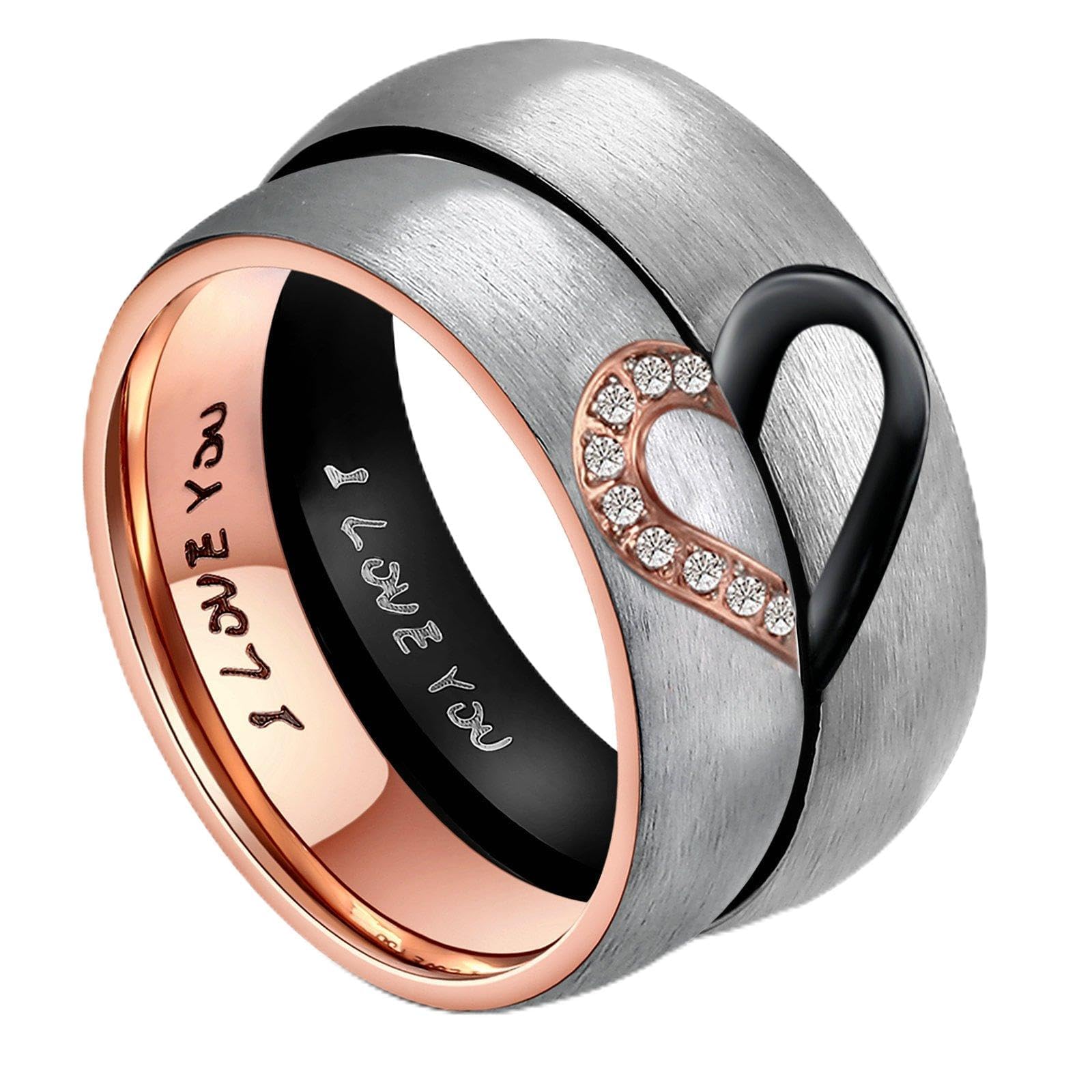 ANAZOZ His & Hers Real Love Heart Promise Ring Stainless Steel Couples Wedding Engagement Bands Top Ring, 6mm, 6.5 UK, stainless-steel, Cubic Zirconia