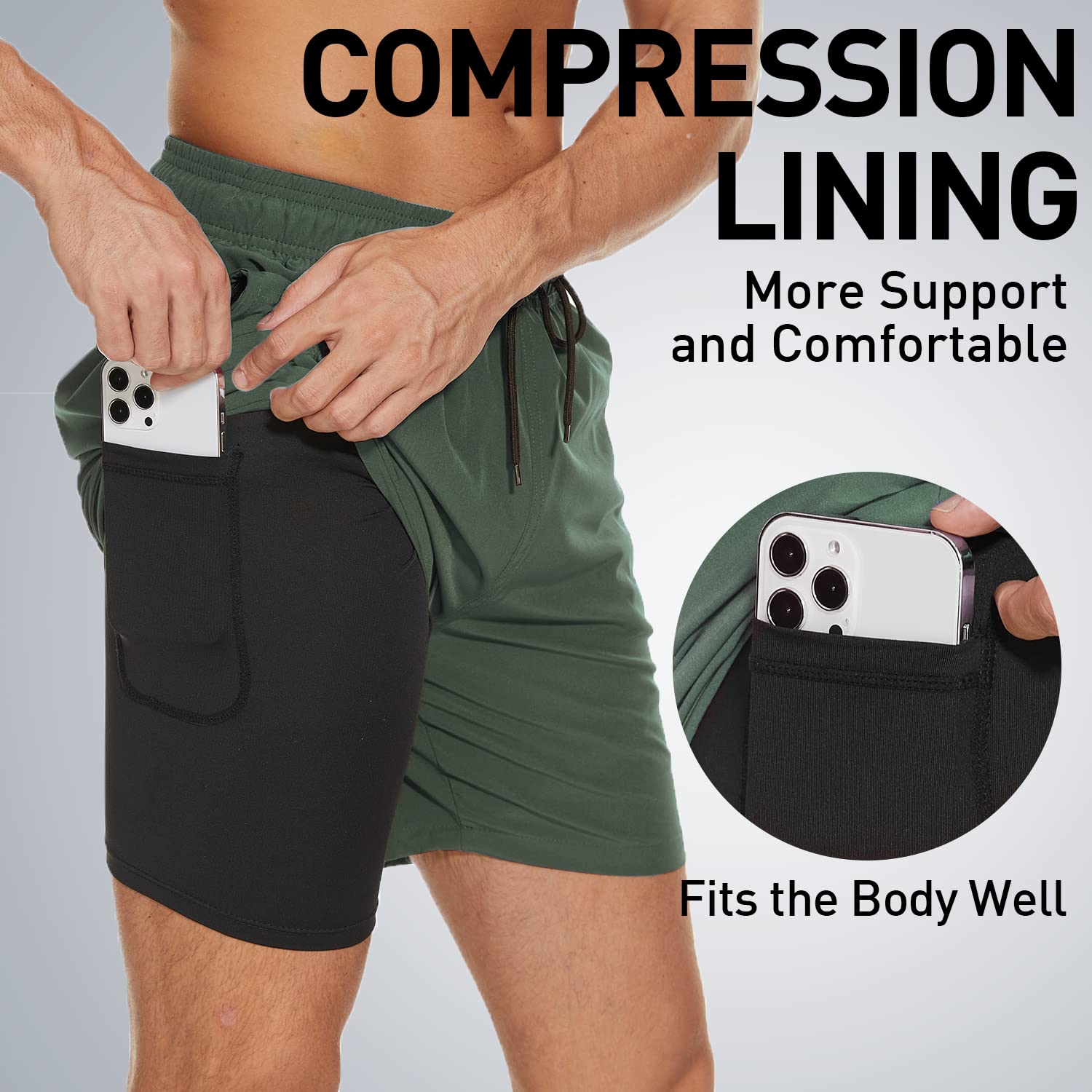Arcweg Badehose für Herren mit Kompression Liner 2 in 1 Atmungsaktiv Badeshorts Männer Elastisch Trainingsshorts Verstellbar Tunnelzug mit Reißverschlusstaschen Militärgrün L (EU) 4
