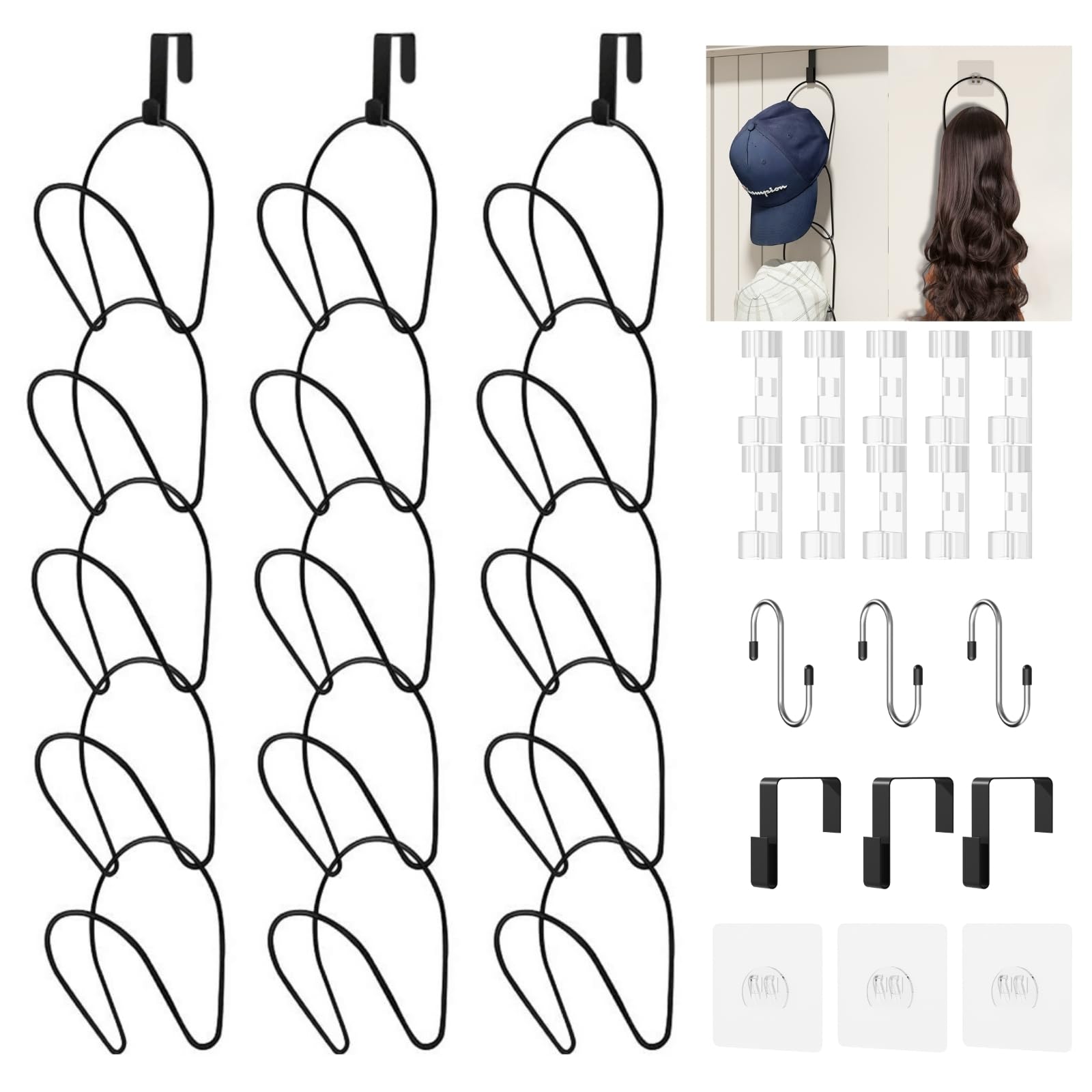 LINFIDITE Hat Rack Hanger Holder Organiser Closet Hanging Baseball Cap Display Storage Rack for Scarves Handbags Over Door Wall Mounted w Hanging Hook,15 Pcs Black,Ring-Shaped