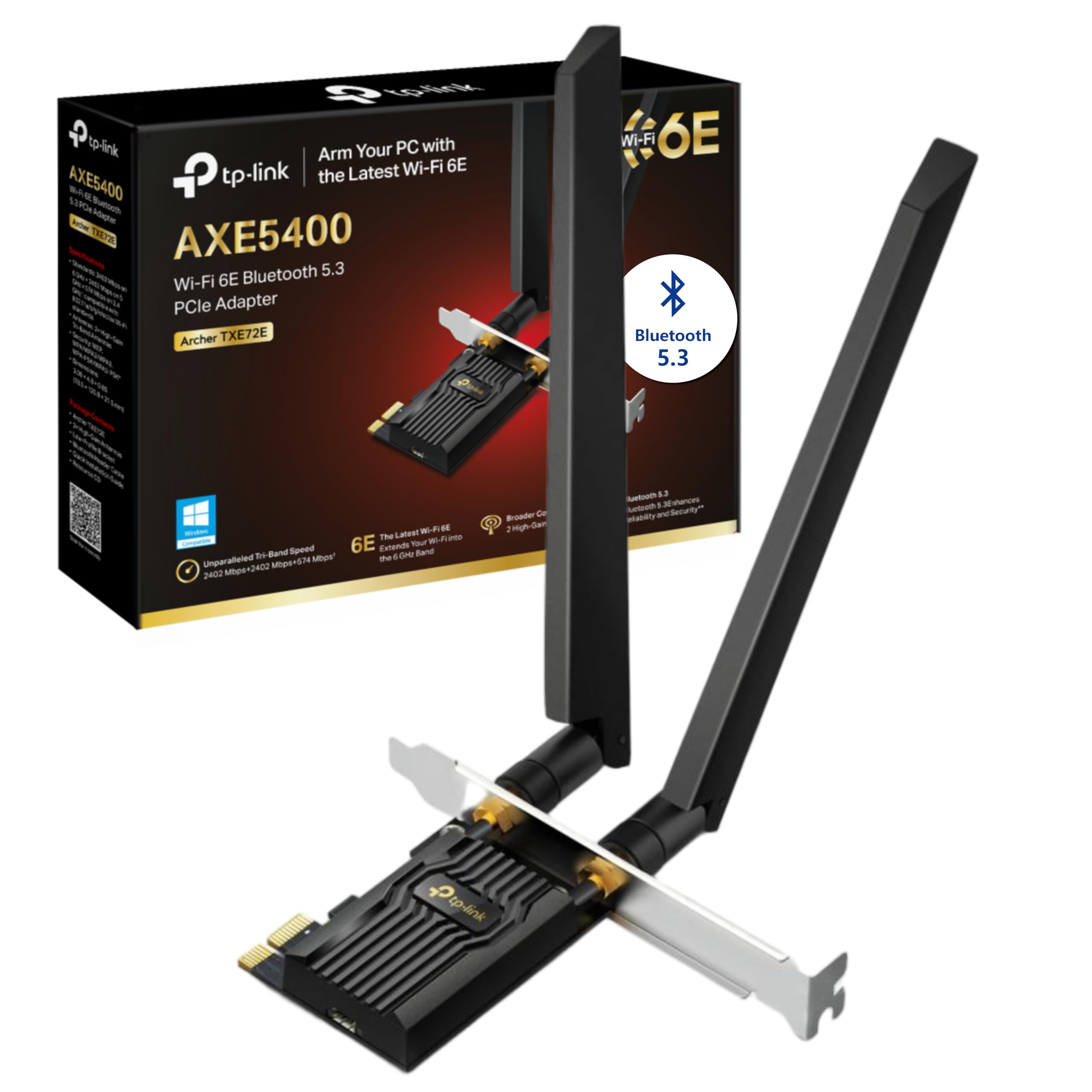 TP-Link Archer TXE72E AXE5400 Wi-Fi 6E Bluetooth 5.3 PCIe Adapter(6 GHz 2402 Mbps,5 GHz 2402 Mbps,2.4 GHz,574 Mbps, Bluetooth 5.3, WPA3-Verschlüsselungsstandards,High-Gain-Antennen)