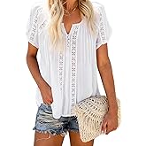 Dokotoo Women's V Neck Lace Crochet Eyelet Tops Short Sleeve Casual Shirts Blouses