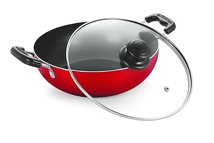 Nirlon Non-Stick Aluminium Kadhai, 2.4 litres, Red/Black