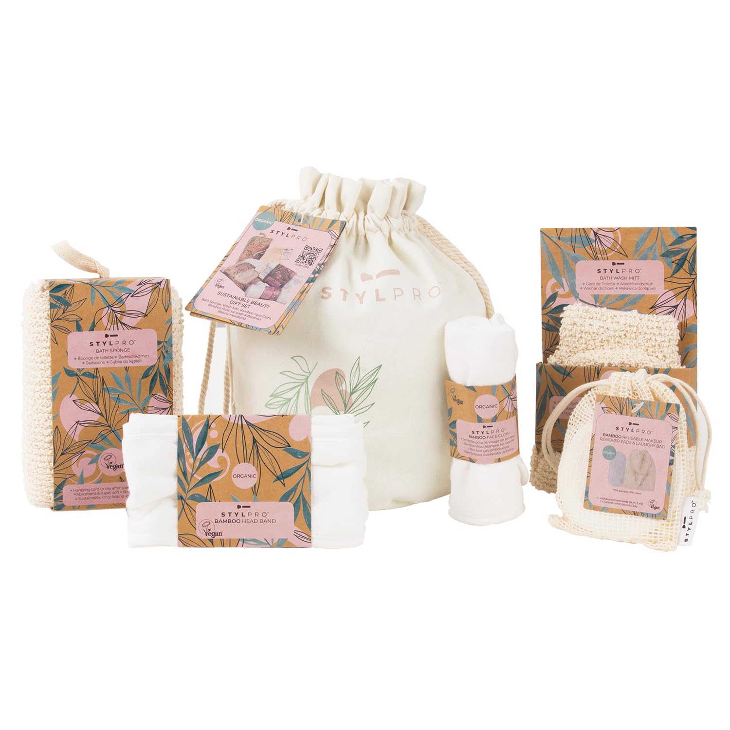 STYLPRO Sustainable Beauty Gift Set – 9-Piece Vegan Spa Kit with Bamboo Face Cloth, Makeup Remover Pads, Bath Mitt, Sponge & Organic Cotton Bag – Eco-Friendly, Reusable & Giftable