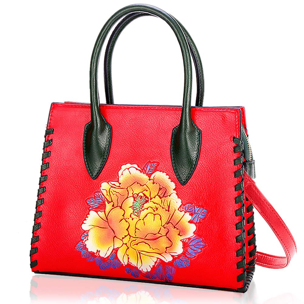 Ruiatoo Satchel Purses and Handbags for Women Classic Peony PU Leather Shoulder Bag Red