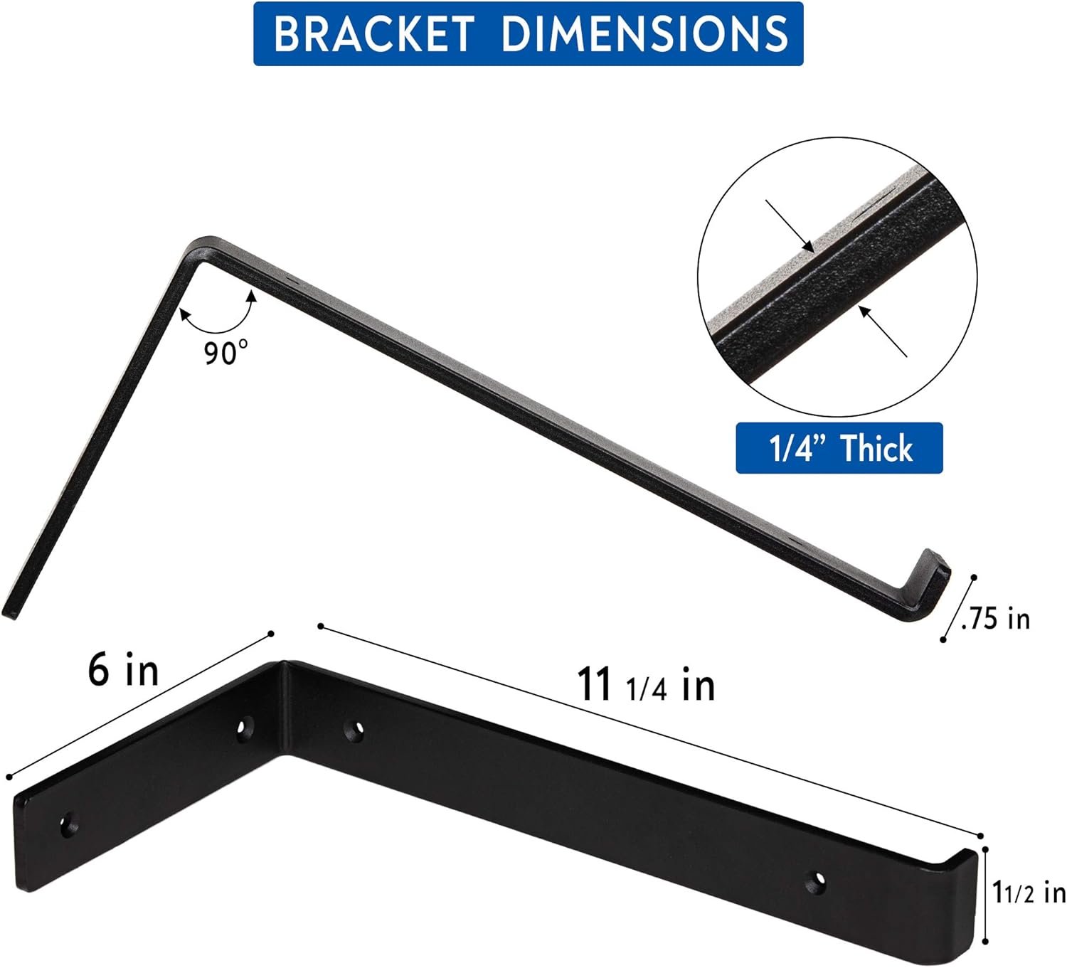 1/4" Thick Heavy-Duty Shelf Brackets - Rustic Modern Farmhouse Iron Metal Wall Floating Brace Support with Lip for DIY Open Shelving - Includes Hardware - Multiple Sizes Available 4-PK (11.25"): Home Improvement